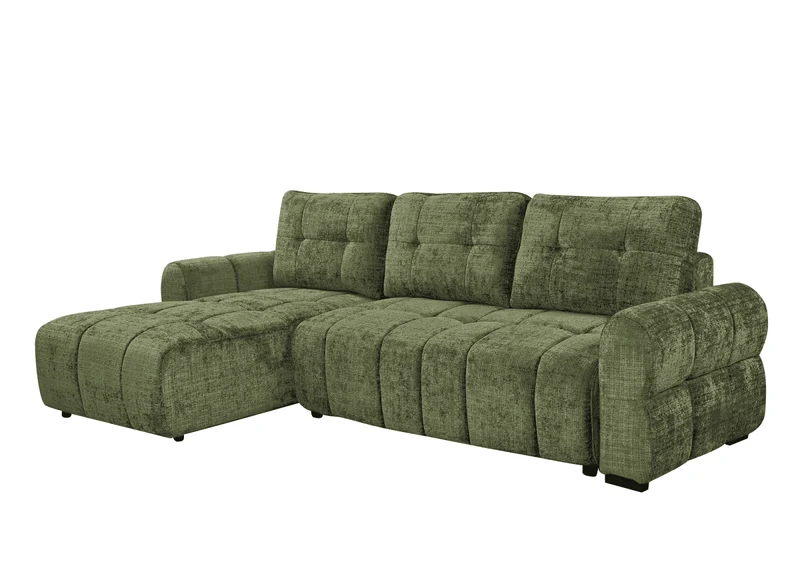Canapé d'angle convertible avec coffre en velours chiné vert olive MAHLONE - Angle gauche