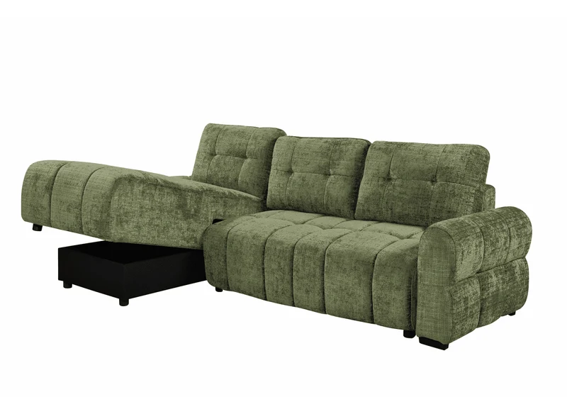 Canapé d'angle convertible avec coffre en velours chiné vert olive MAHLONE - Angle gauche