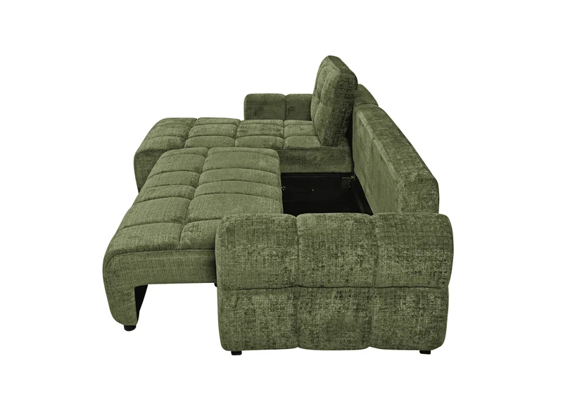 Canapé d'angle convertible avec coffre en velours chiné vert olive MAHLONE - Angle gauche
