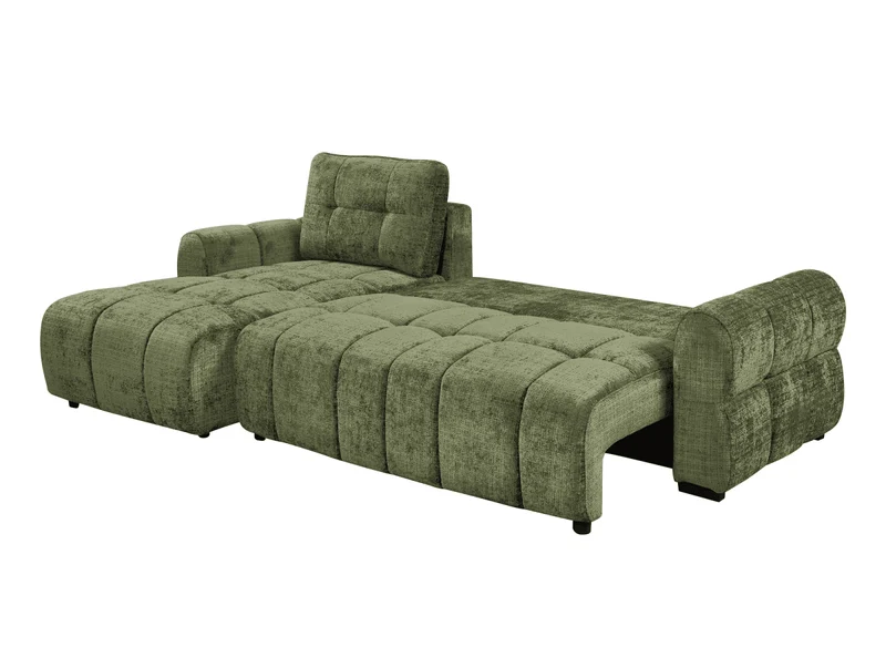 Canapé d'angle convertible avec coffre en velours chiné vert olive MAHLONE - Angle gauche