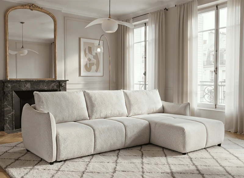 Canapé d'angle convertible et réversible en velours chiné beige MYSA