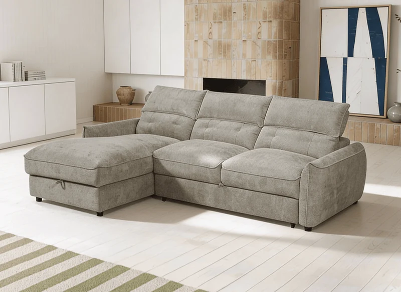 Canapé d'angle convertible avec coffre de rangement en velours chiné taupe SAMINA - Angle gauche