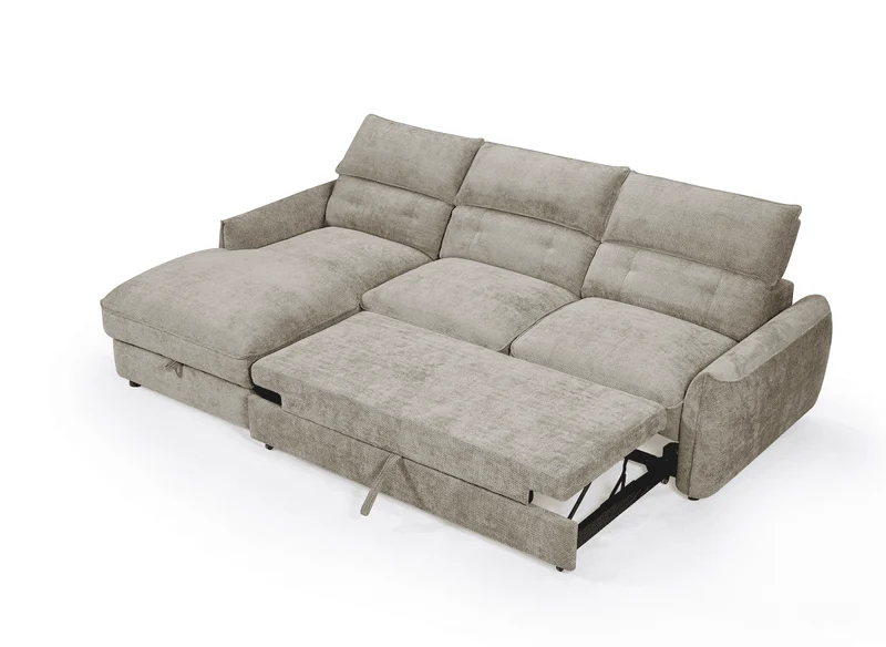 Canapé d'angle convertible avec coffre de rangement en velours chiné taupe SAMINA - Angle gauche
