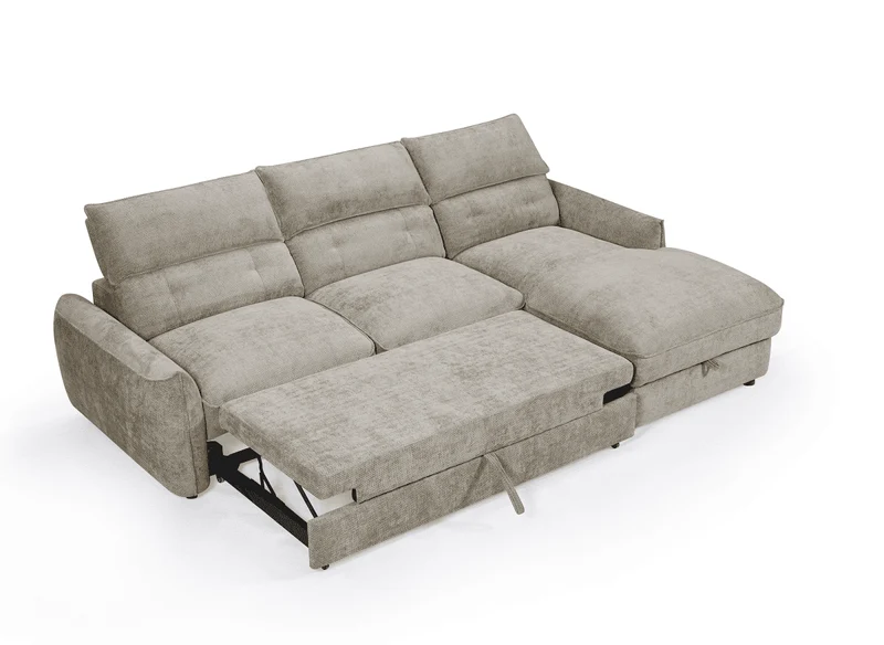 Canapé d'angle convertible avec coffre de rangement en velours chiné taupe SAMINA - Angle droit