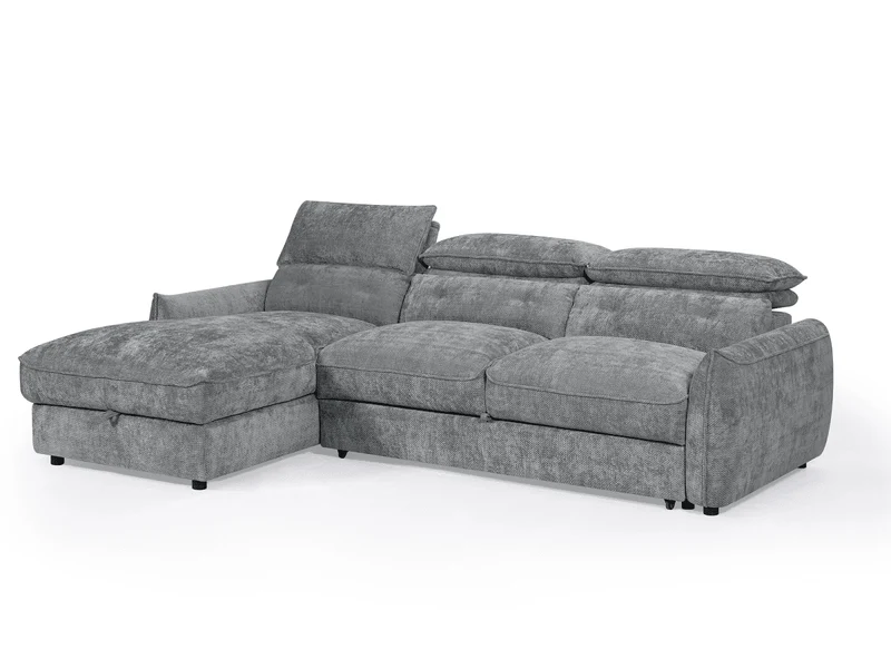 Canapé d'angle convertible avec coffre de rangement en velours chiné gris SAMINA - Angle gauche