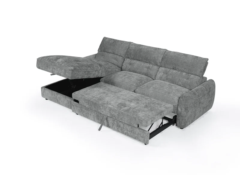 Canapé d'angle convertible avec coffre de rangement en velours chiné gris SAMINA - Angle gauche