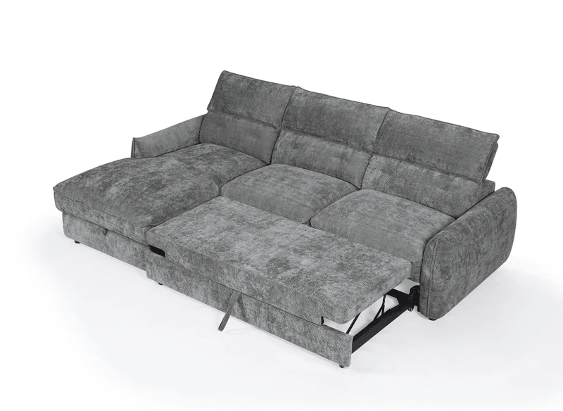 Canapé d'angle convertible avec coffre de rangement en velours chiné gris SAMINA - Angle gauche