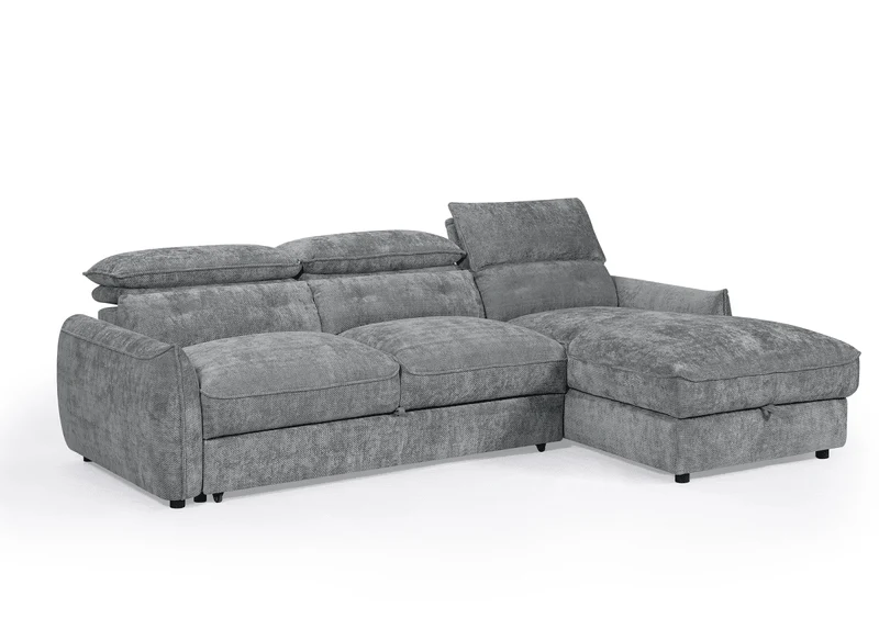 Canapé d'angle convertible avec coffre de rangement en velours chiné gris SAMINA - Angle droit