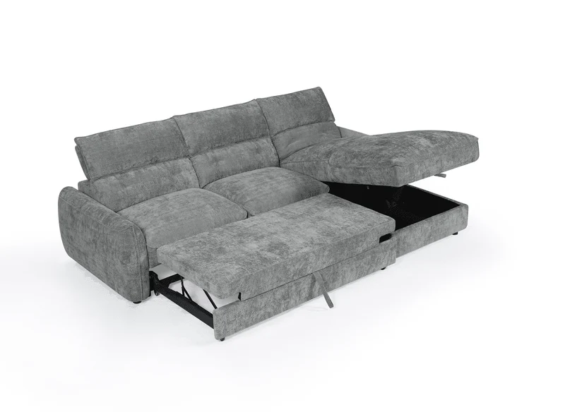 Canapé d'angle convertible avec coffre de rangement en velours chiné gris SAMINA - Angle droit