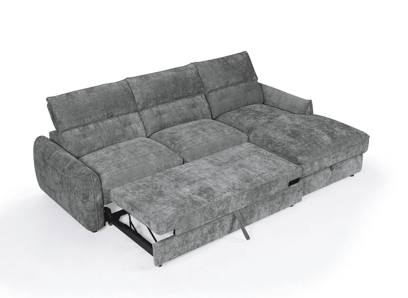 Canapé d'angle convertible avec coffre de rangement en velours chiné gris SAMINA - Angle droit
