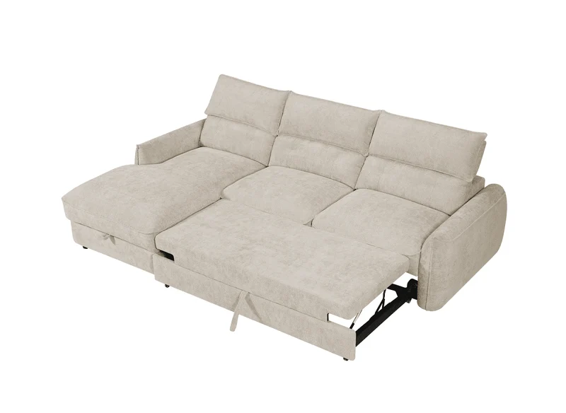 Canapé d'angle convertible avec coffre de rangement en velours chiné beige SAMINA - Angle gauche