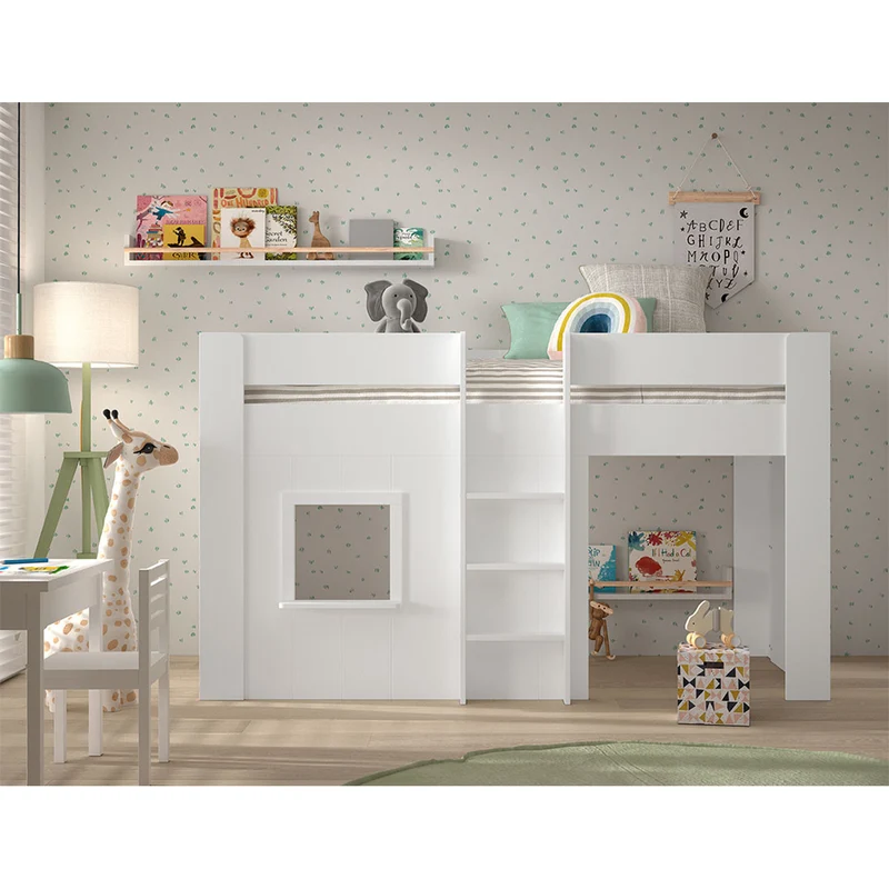 Lit cabane mi-hauteur 90x200 sommier inclus Vipack Reno Blanc