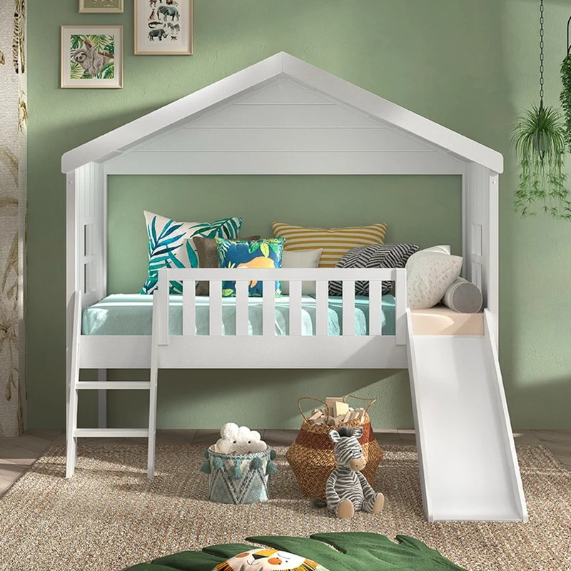 Lit cabane 90x200 toboggan sommier inclus Vipack Housebed Blanc