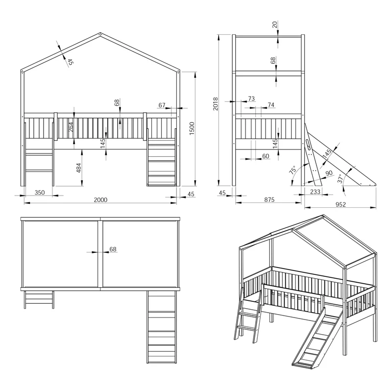Lit cabane 90x200 toboggan sommier inclus Vipack Dallas Blanc