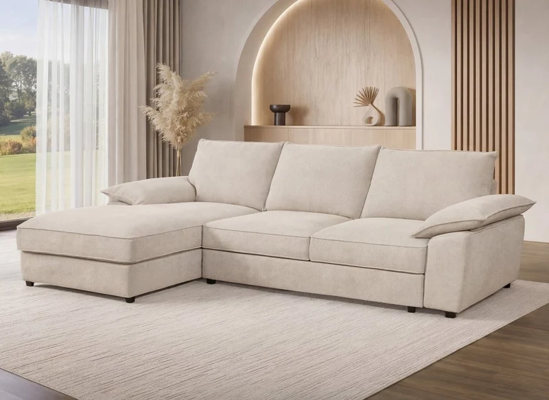 Canapé d'angle convertible avec coffre de rangement en velours chiné beige GABIN - Angle gauche