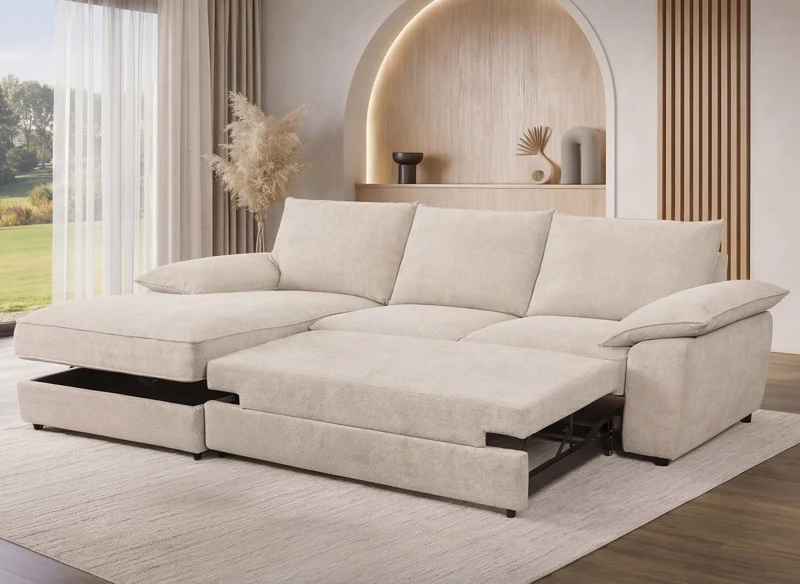 Canapé d'angle convertible avec coffre de rangement en velours chiné beige GABIN - Angle gauche