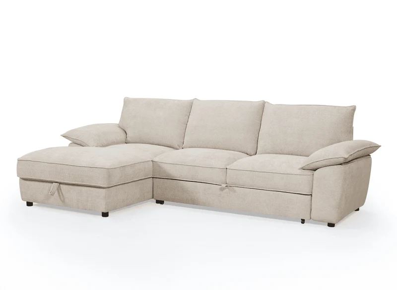 Canapé d'angle convertible avec coffre de rangement en velours chiné beige GABIN - Angle gauche