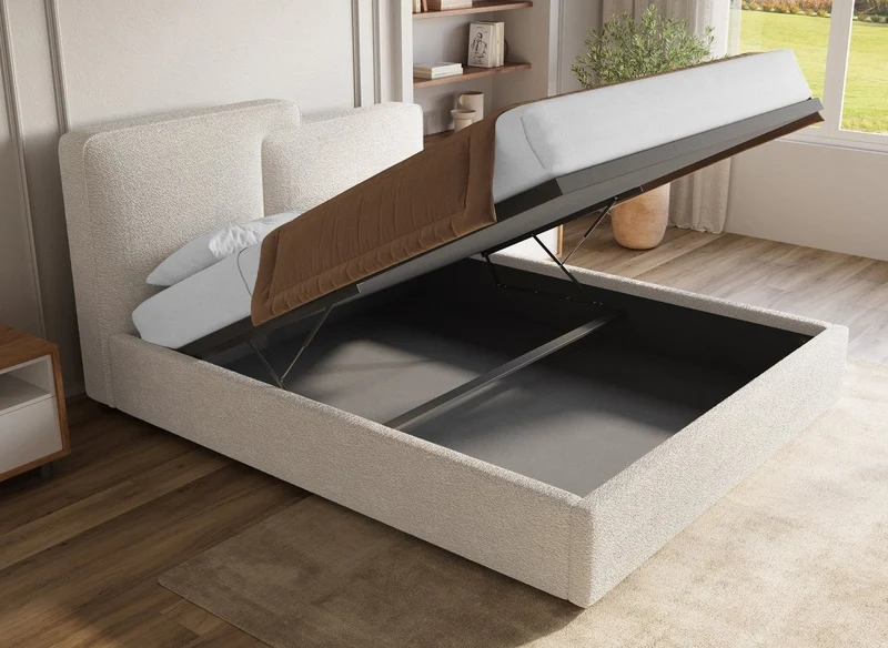 Lit coffre en tissu bouclette beige 180x200 cm ZELIA