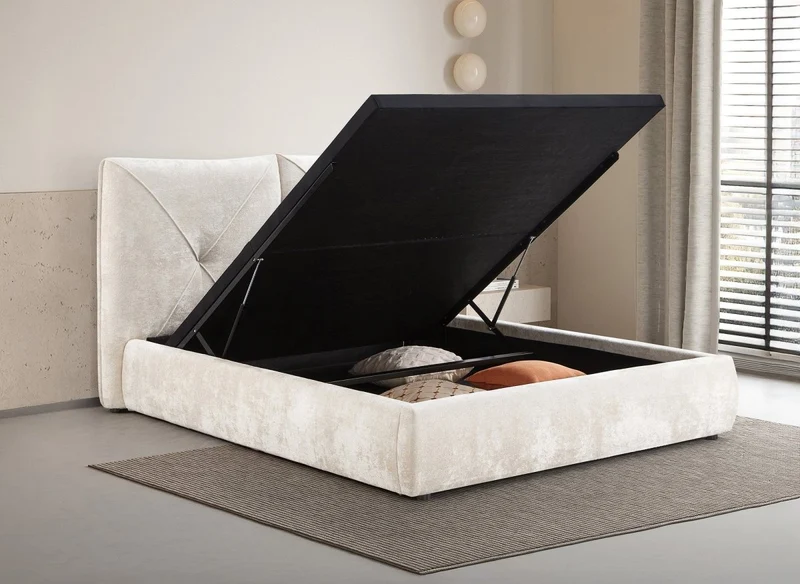 Lit coffre en tissu bouclette doux beige 140x190 cm NOAH