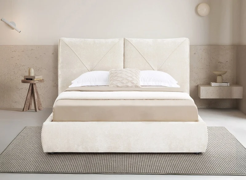 Lit coffre en tissu bouclette doux beige 140x190 cm NOAH