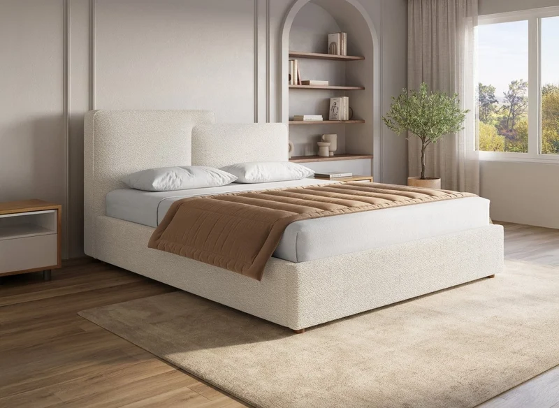 Lit coffre en tissu bouclette beige 140x190 cm ZELIA