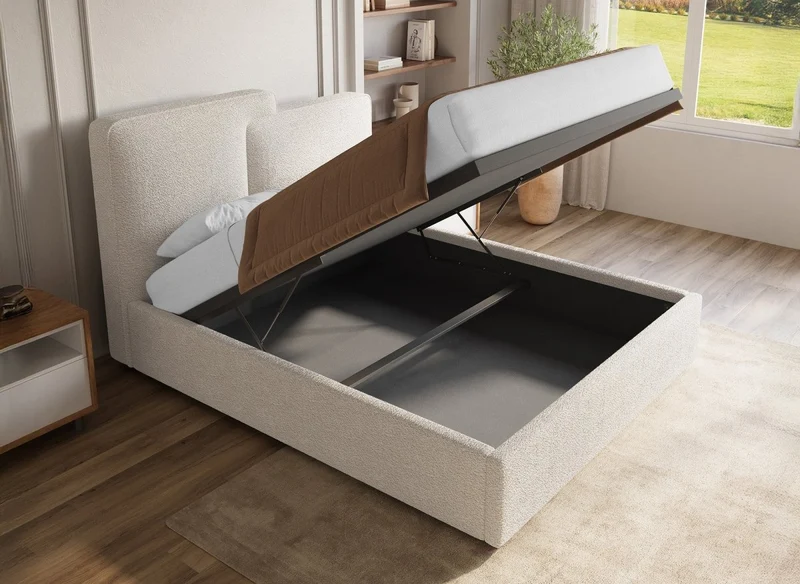 Lit coffre en tissu bouclette beige 140x190 cm ZELIA