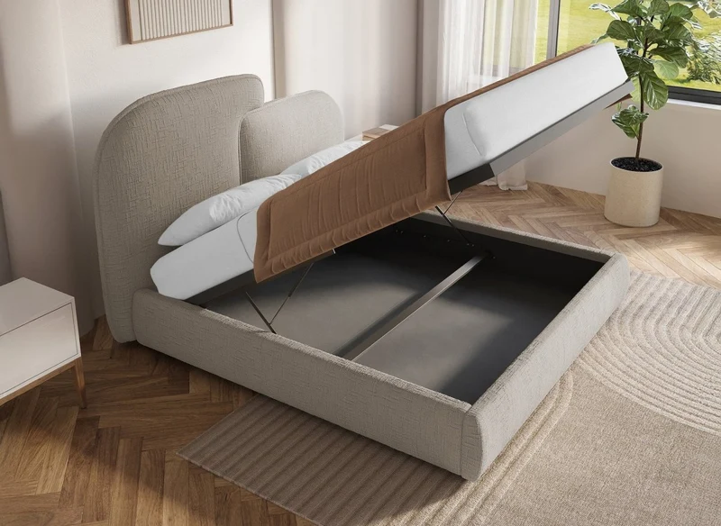 Lit coffre en velours chiné taupe 140x190 cm MILENA