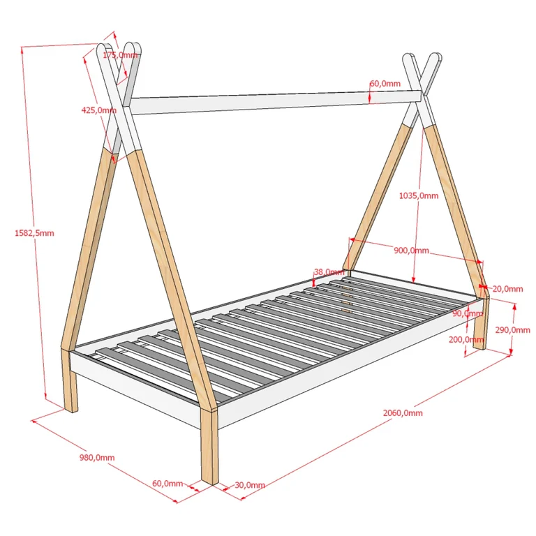Lit tipi 90x200 sommier et housse inclus Vipack - Bois et blanc