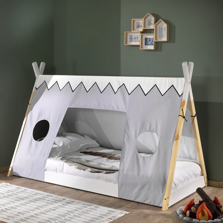 Lit tipi 90x200 sommier et housse inclus Vipack - Blanc et bois