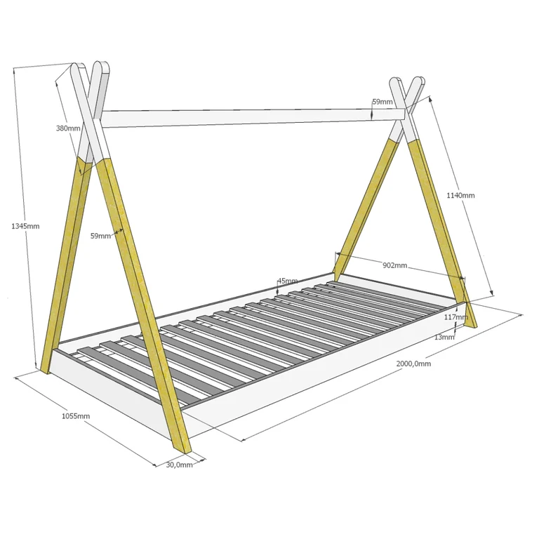 Lit tipi 90x200 sommier et housse inclus Vipack - Blanc et bois