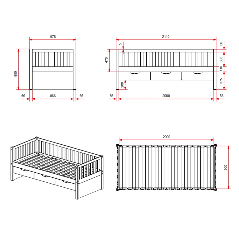 Lit banquette 90x200 sommier et 3 tiroirs inclus Vipack Fritz - Bois
