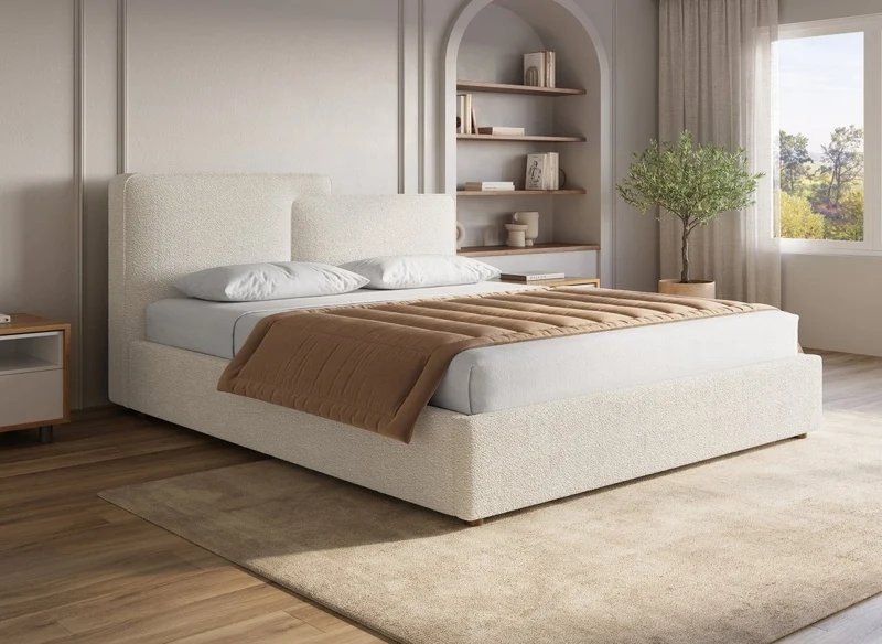 Lit coffre en tissu bouclette beige 160x200 cm ZELIA