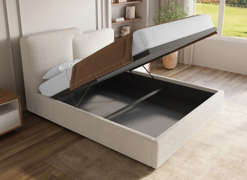 Lit coffre en tissu bouclette beige 160x200 cm ZELIA
