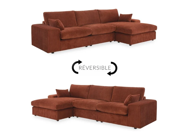 Canapé d'angle réversible en gros côtelé doux terracotta SIRINA