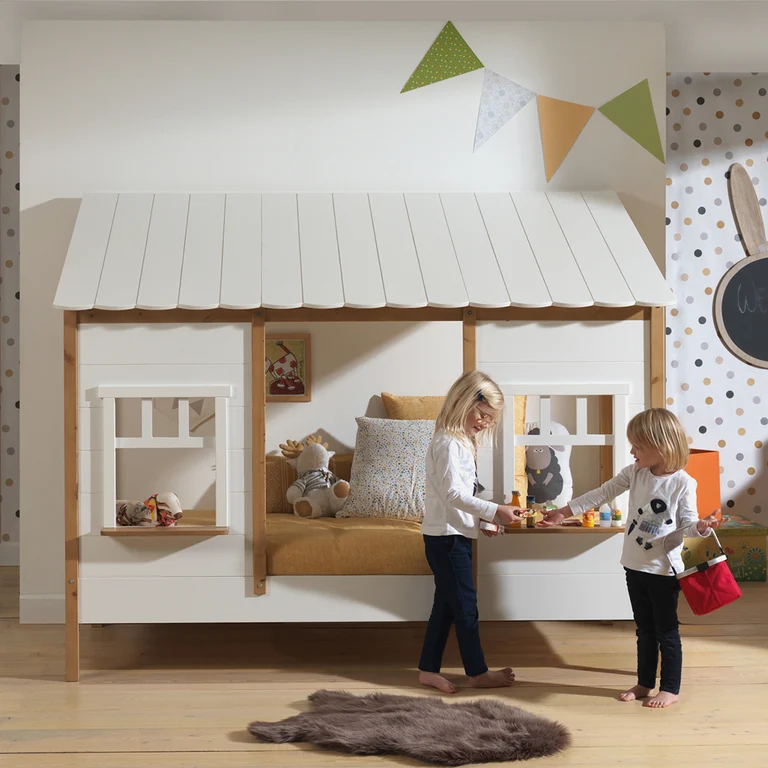 Lit cabane 90x200 sommier inclus Vipack Housebed Blanc et bois