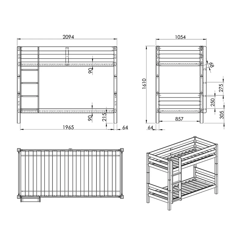 Lit Superposé 90x200 Hauteur 160 cm Sommier Inclus Vipack Pino - Blanc