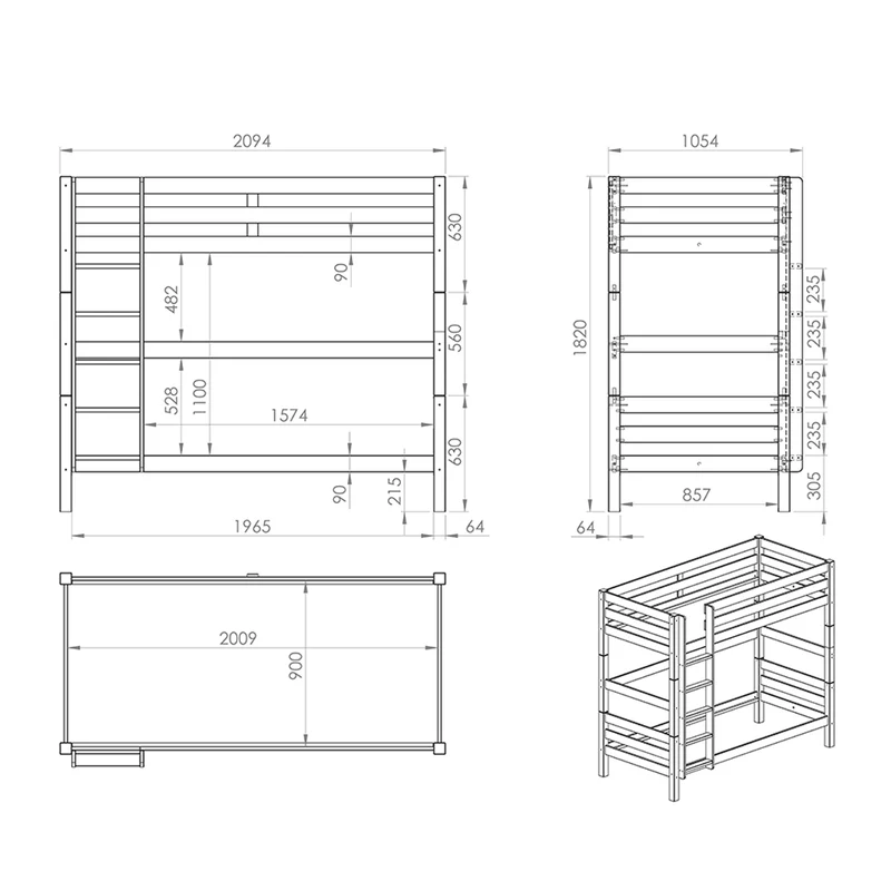 Lit Superposé 90x200 Hauteur 180 cm Sommier Inclus Vipack Pino - Bois