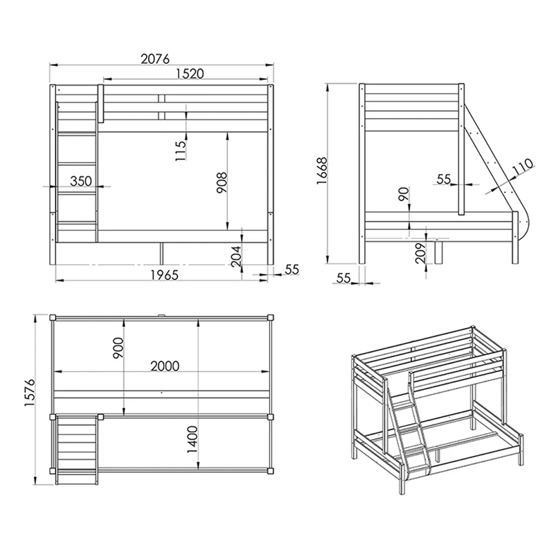Lit Superposé 90x200 et 140x200 Sommier Inclus Vipack Pino - Blanc
