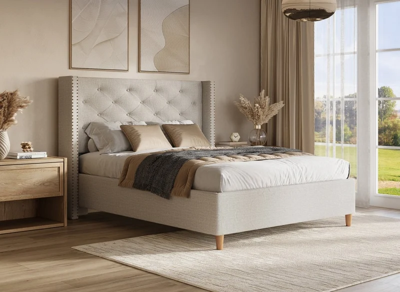 Lit double en tissu capitonné beige 160x200 cm MARGOT