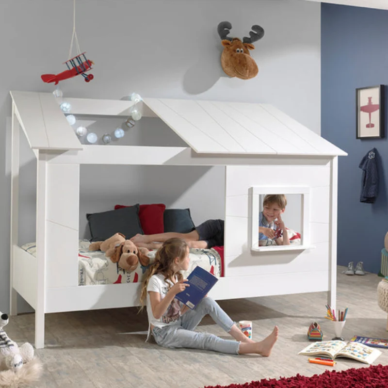 Lit Cabane 90x200 toit semi-ouvert et fenêtre Sommier inclus Vipack HouseBed - Blanc