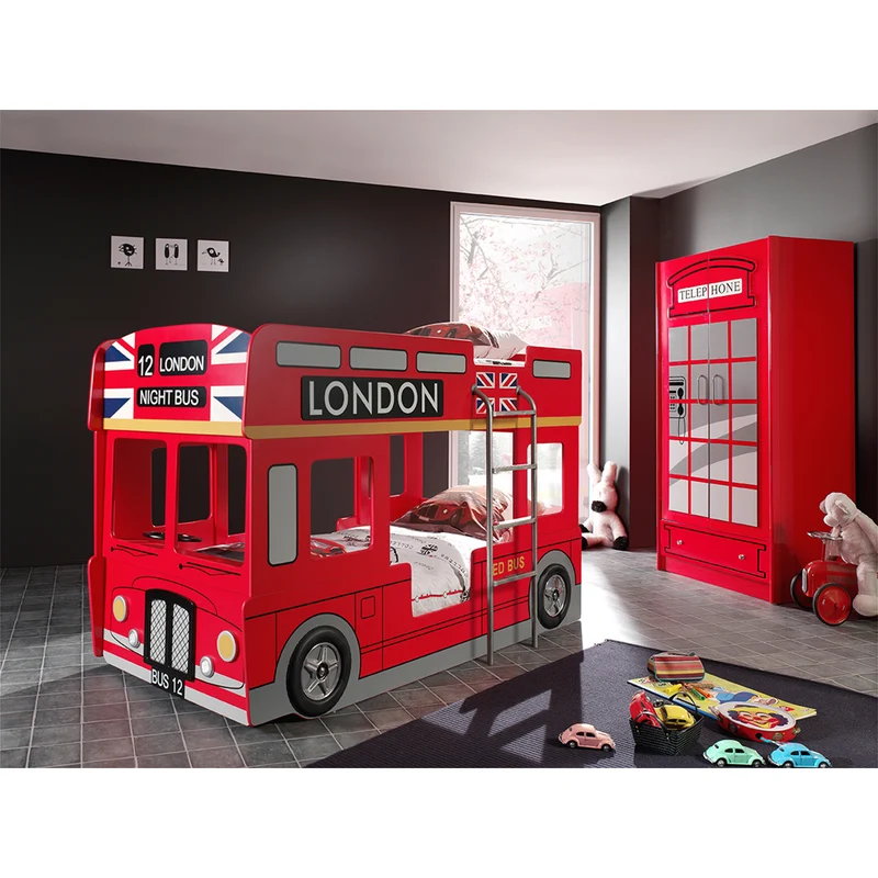 Lit superposé 90x200 Bus Londonien sommier inclus Vipack Car Beds - Rouge