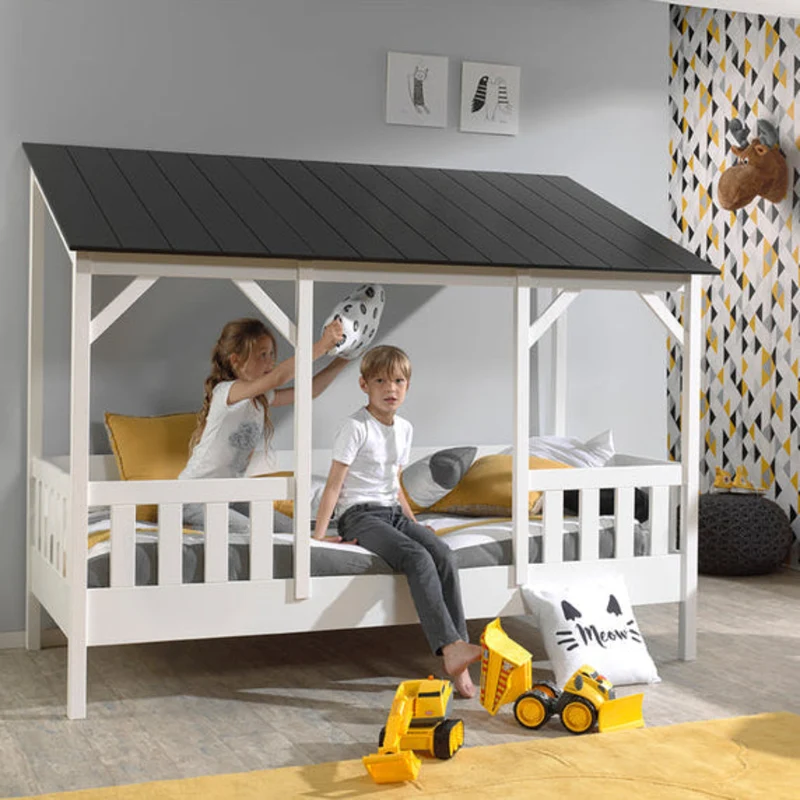 Lit Cabane 90x200 Sommier inclus Vipack HouseBed - Blanc et Noir