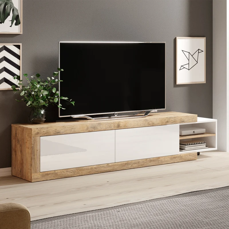 Meuble TV 2 portes 200 cm Azior Blanc et Bois