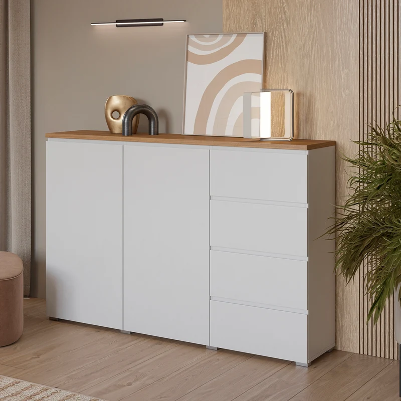 Buffet 2 portes 4 tiroirs Liko Blanc et Bois