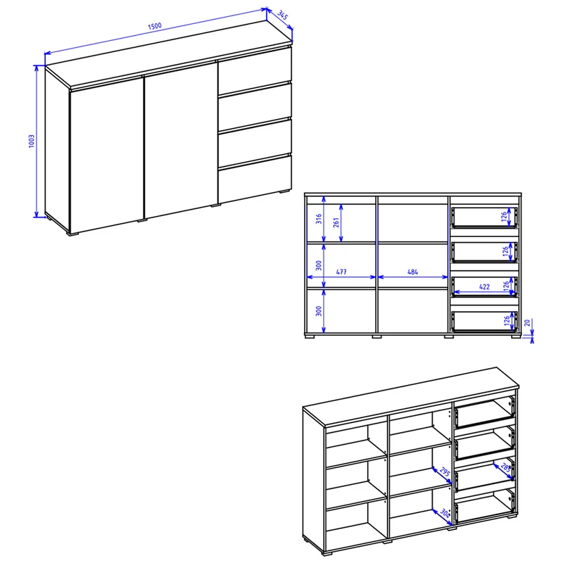 Buffet 2 portes 4 tiroirs Liko Blanc et Bois