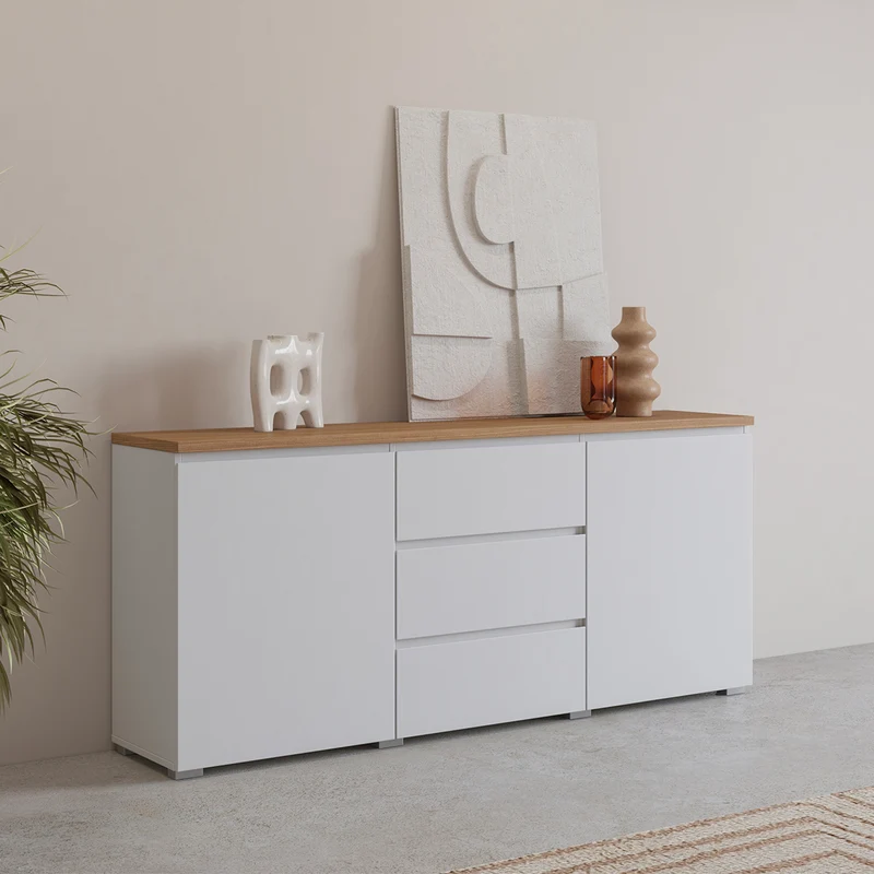 Buffet 2 portes 3 tiroirs Liko Blanc et Bois