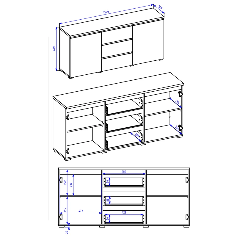 Buffet 2 portes 3 tiroirs Liko Blanc et Bois