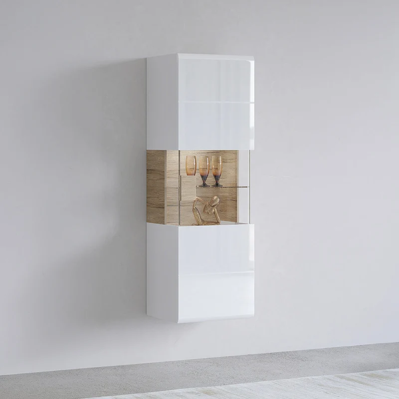 Vitrine murale 1 porte avec LED Jules Blanc et Bois