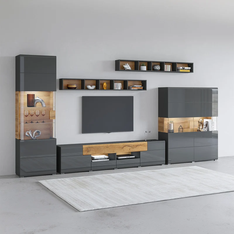 Vitrine 1 porte avec LED Jules Gris et Bois