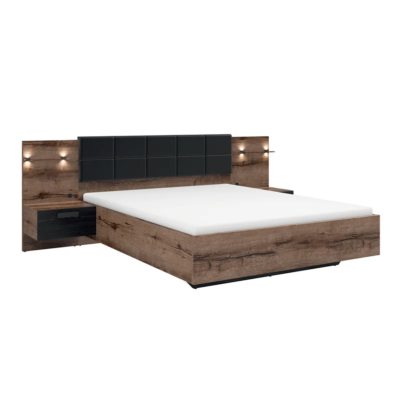 Lit 160x200 chevet LED et prise USB inclus Romane Bois